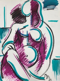 20th Century French Modernist Painting Purple Pink & Teal Green Abstract Nude 