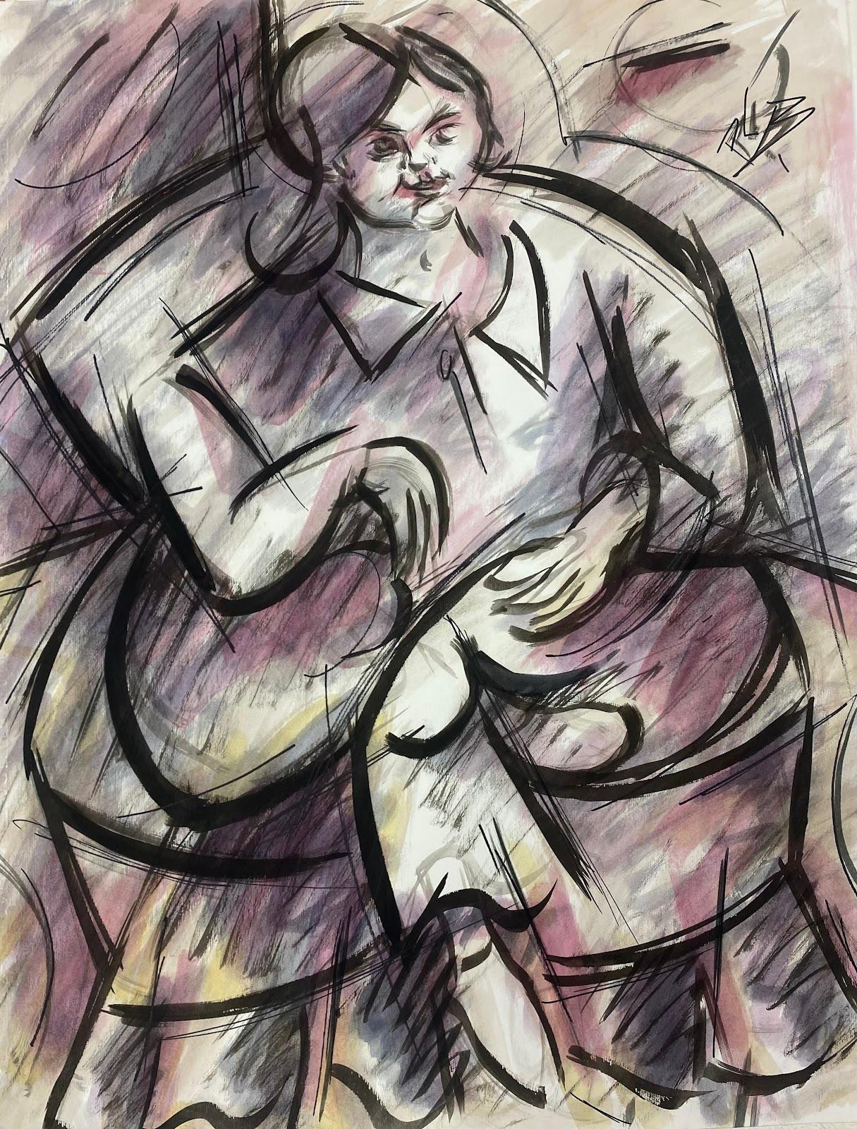 Paul-Louis Bolot (French 1918-2003) Still-Life Painting - 20th Century French Modernist Purple and Black Portrait Of A Lady In Armchair