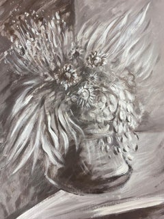 20th Century French Painting Of A Monochrome Black and White Flower Arrangement