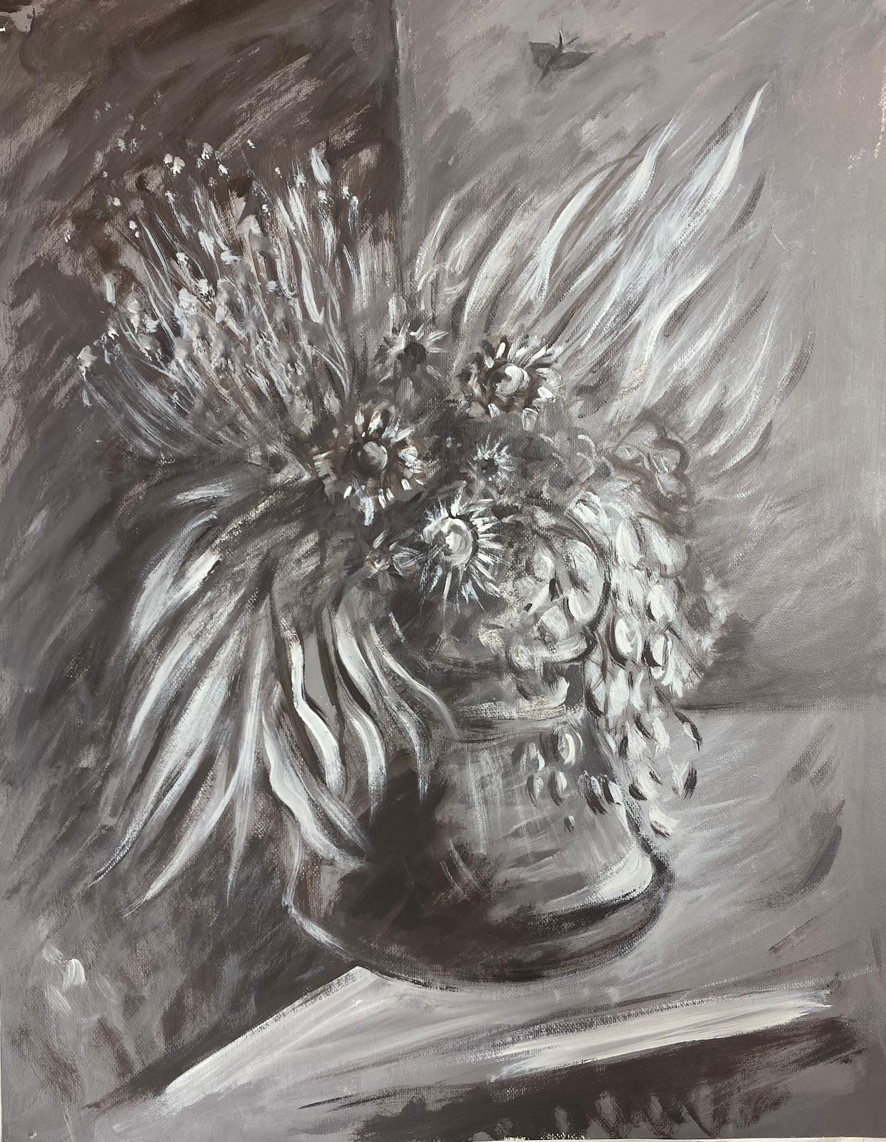 Paul-Louis Bolot (French 1918-2003) Still-Life Painting - 20th Century French Painting Of A Monochrome Black and White Flower Arrangement 