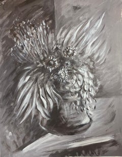 Peinture française du 20e siècle représentant une composition florale monochrome en noir et blanc 