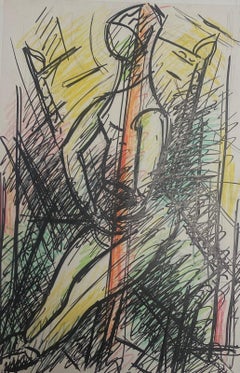 21th Century French Modernist Gouache Painting Colorful Figure Sitting