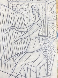 21th Century French Modernist Gouache Painting Man Playing The Harp