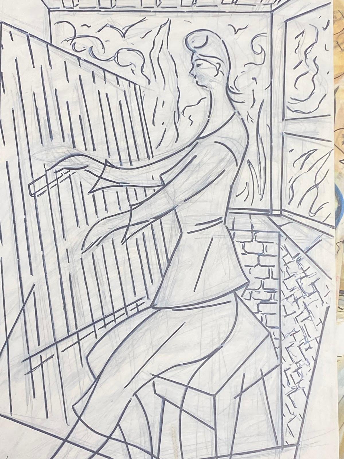 Pintura al gouache modernista francesa del siglo XXI Hombre tocando el arpa - Painting de Paul-Louis Bolot (French 1918-2003)
