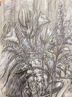 Black and White French Modernist Gouache Painting Flowers In Vase