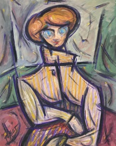 French 20th Century Portrait Of A Ginger Haired Lady With Bright Blue Eyes