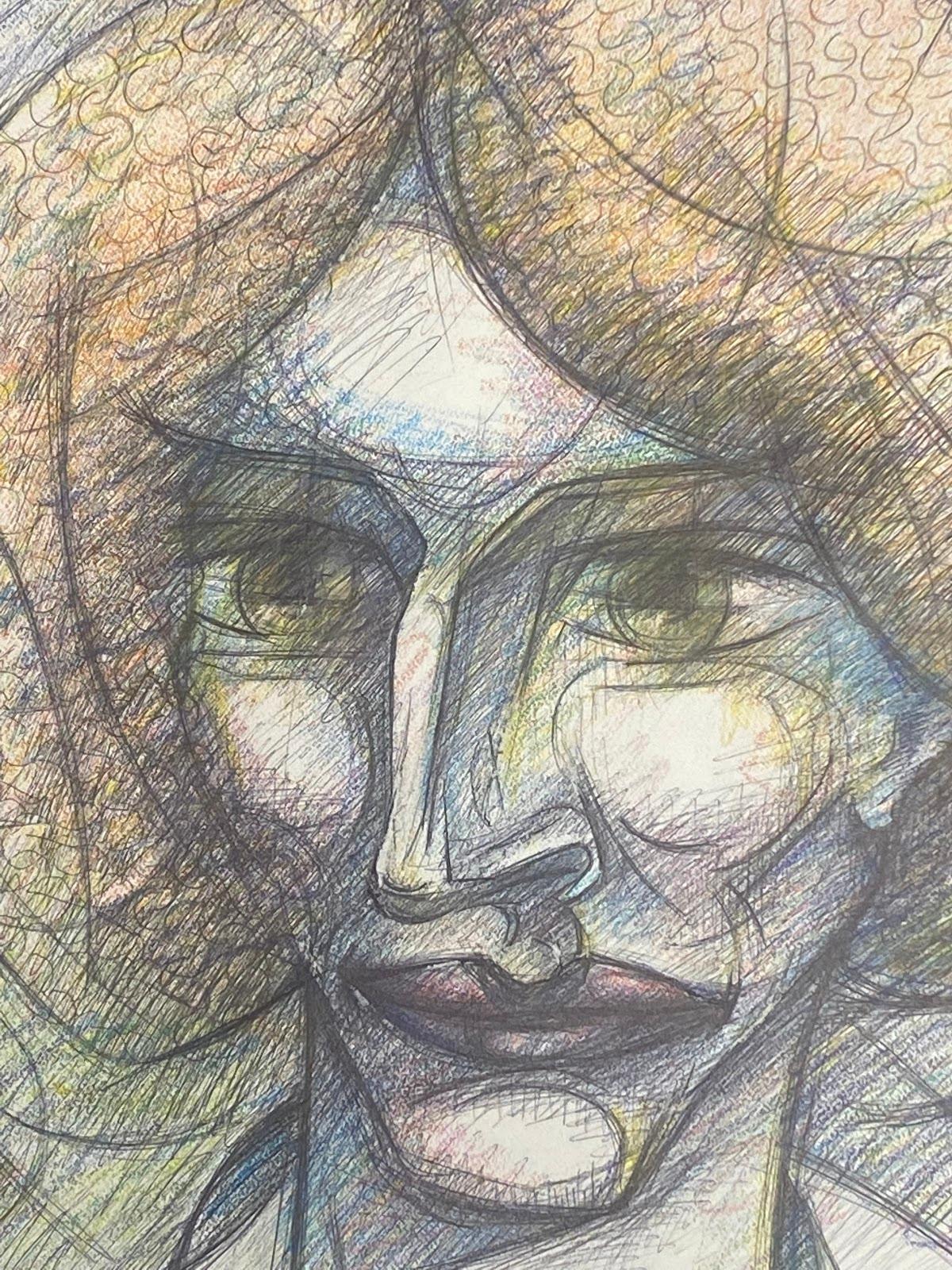 French Biro Drawning Colorful Portrait Of Short-Haired Lady 