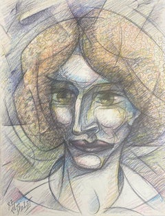 French Biro Drawning Colorful Portrait Of Short-Haired Lady "Michelle"