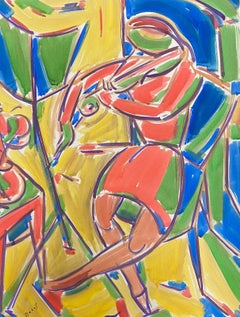 French Cubist 20thC Painting Multi-Color Portrait Of Lady Playing The Violin