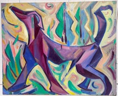 French Cubist Dog Oil Painting 1970's Large Canvas Colorful Dog Walking