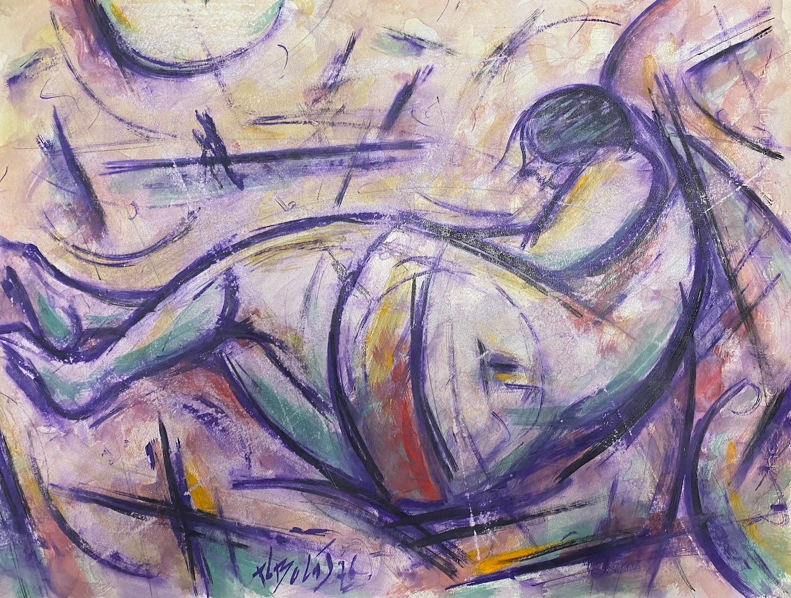 French Gouache Purple Posed Nude Figure Lying Down - Painting by Paul-Louis Bolot (French 1918-2003)