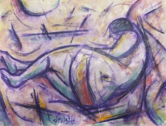 Gouache francese viola Figura nuda in posa sdraiata