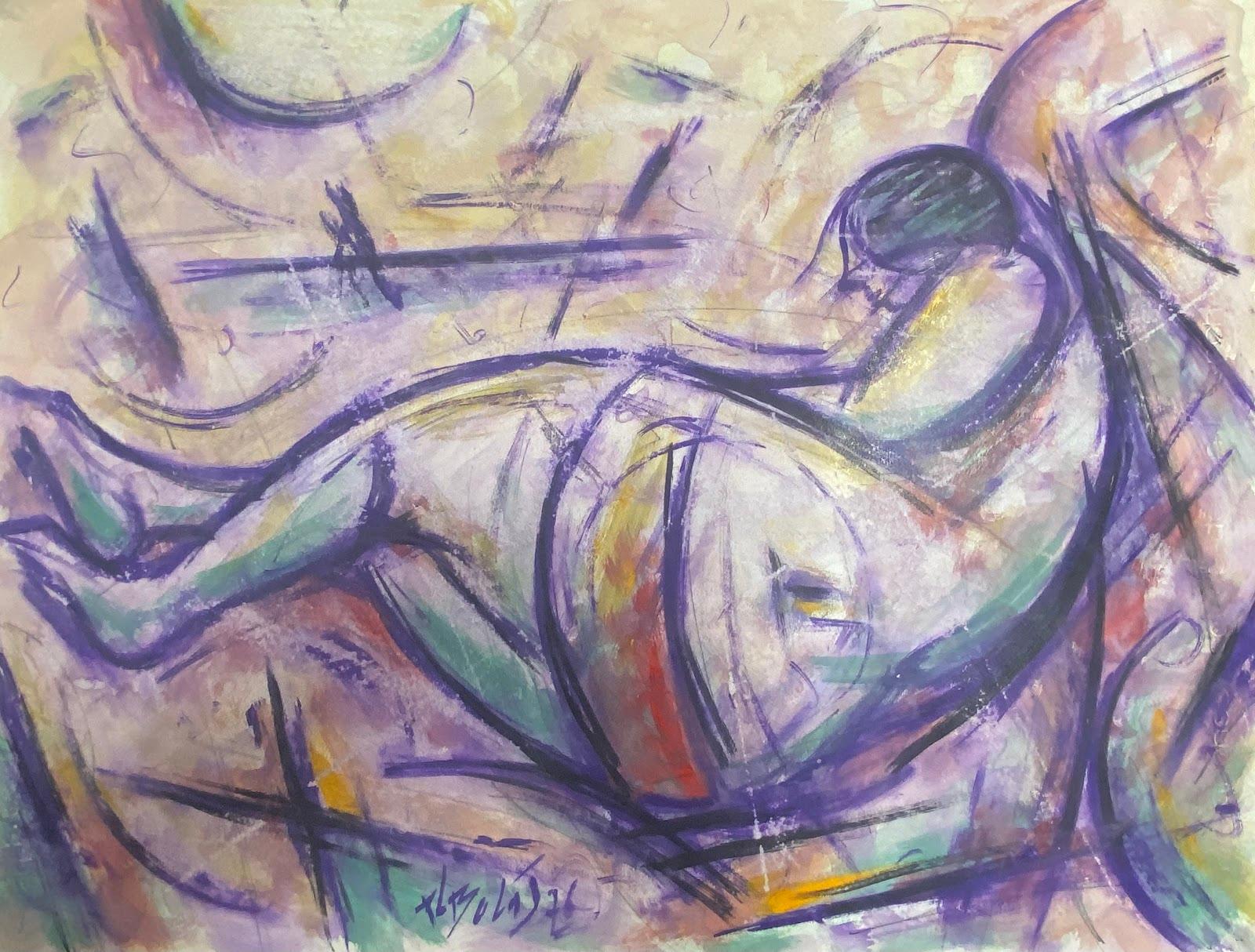 Paul-Louis Bolot (French 1918-2003) Still-Life Painting - French Gouache Purple Posed Nude Figure Lying Down