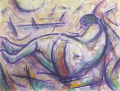 French Gouache Purple Posed Nude Figure Lying Down
