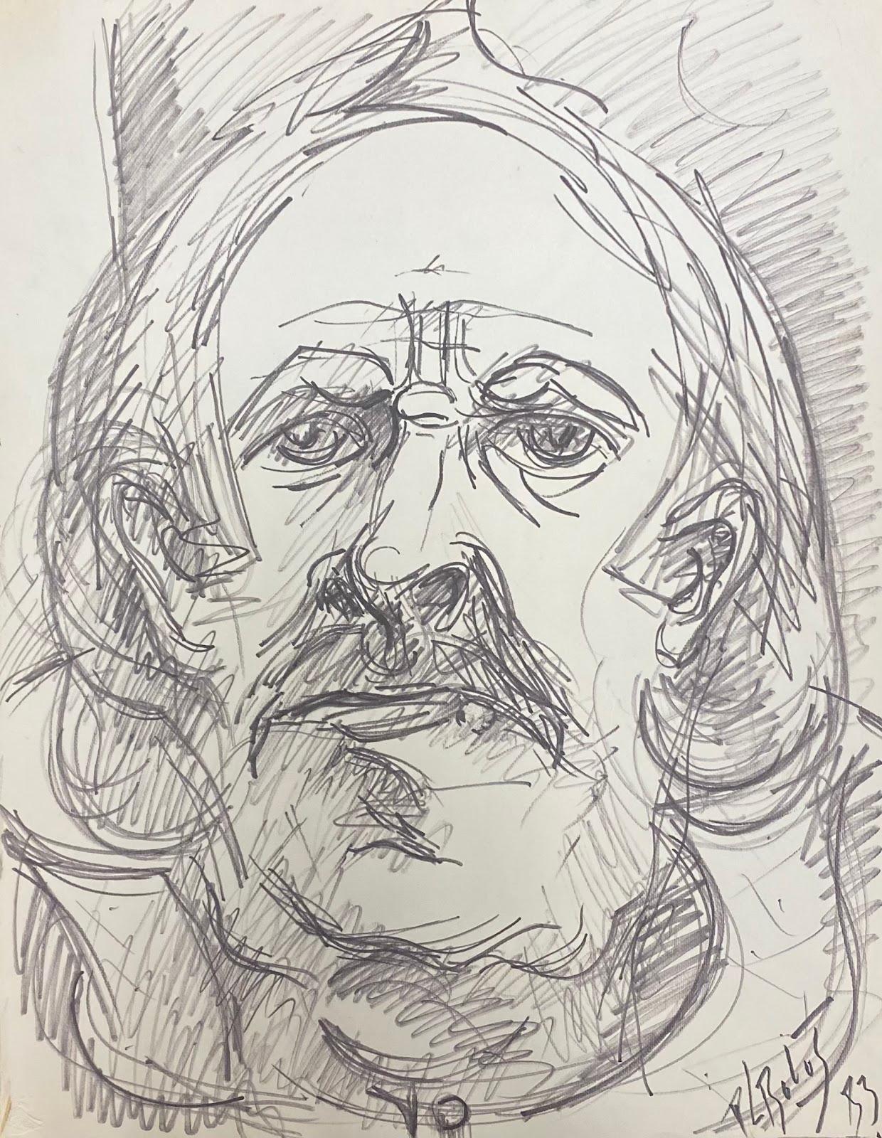 French Modernist Drawing Caricature Portrait Of Wise Old Man With Large Eyes - Painting by Paul-Louis Bolot (French 1918-2003)