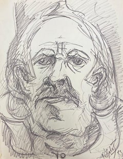 French Modernist Drawing Caricature Portrait Of Wise Old Man With Large Eyes