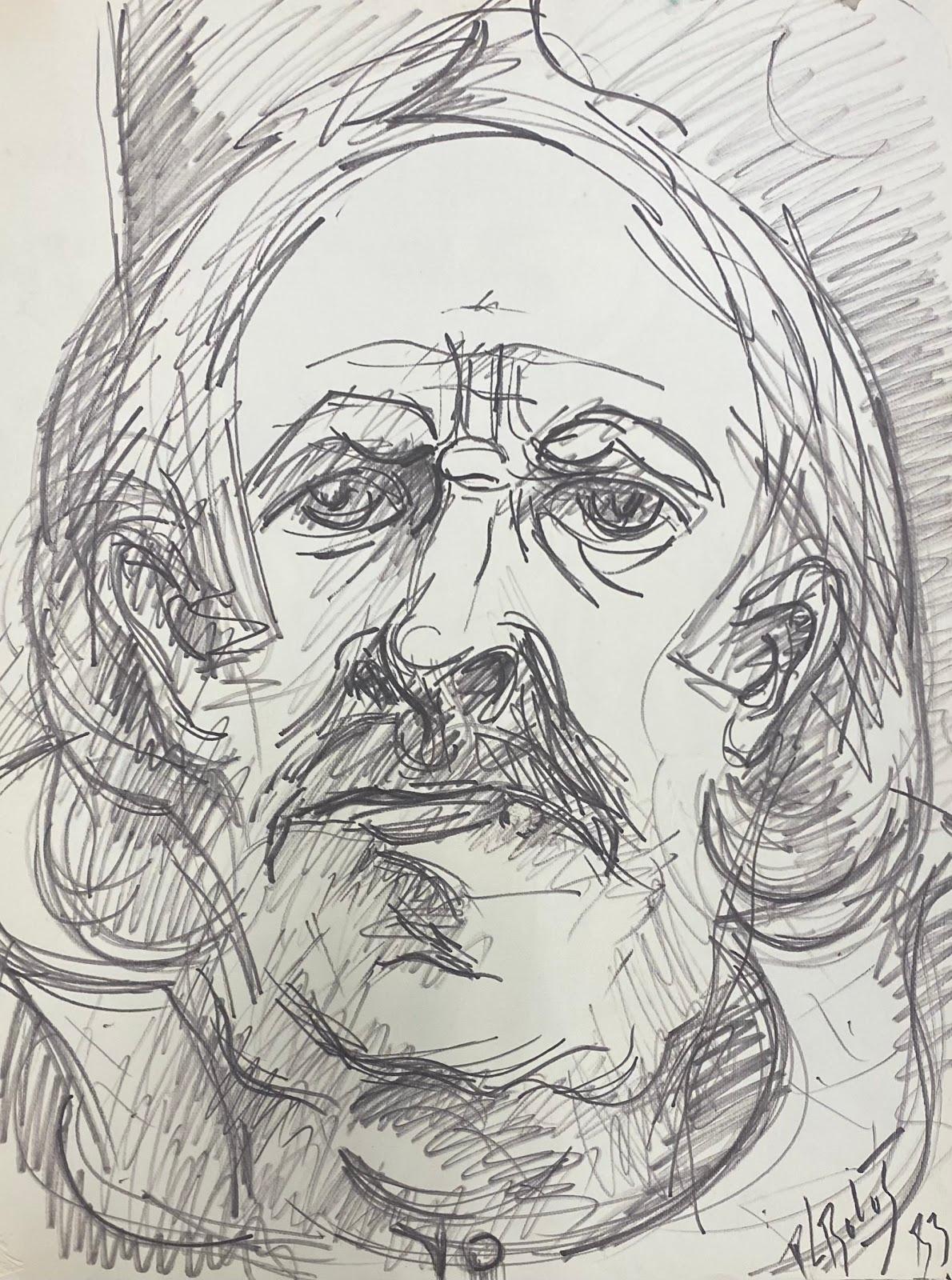 Paul-Louis Bolot (French 1918-2003) Still-Life Painting - French Modernist Drawing Caricature Portrait Of Wise Old Man With Large Eyes