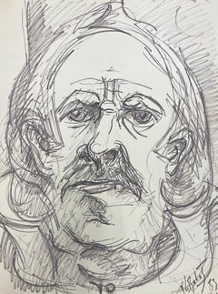 Vintage French Modernist Drawing Caricature Portrait Of Wise Old Man With Large Eyes