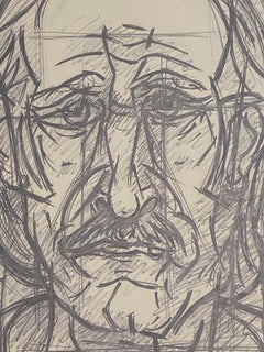 French Modernist Gouache Painting Artist Self Portrait In Black And White