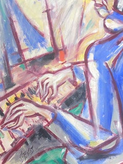 Französisches modernistisches Gouache-Gemälde einer dunkelhaarigen Dame, die Klavier spielt