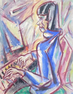 Peinture à la gouache moderniste française d'une femme aux cheveux foncés jouant du piano
