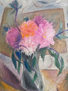 French Modernist Gouache Painting Flowers In A Vase Pink And Orange Geraniums