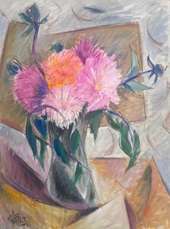 Peinture moderniste française à la gouache représentant des fleurs dans un vase en Geraniums roses et orange