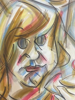 French Modernist Gouache Painting Multi-Color Portrait Of A Young Girl