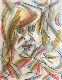 Französisches modernistisches Gouache-Gemälde, mehrfarbiges Porträt eines jungen Mädchens 