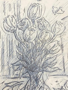 French Modernist Gouache Painting Of Black & White Roses In Vase