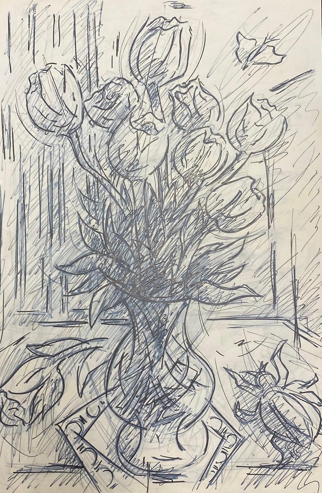 Peinture à la gouache moderniste française de roses noires et blanches dans un vase