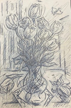 French Modernist Gouache Painting Of Black & White Roses In Vase