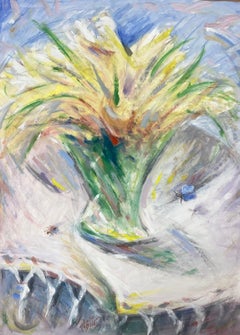 French Modernist Gouache Painting Of Bright Yellow Flowers In Green Vase