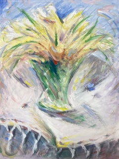  Peinture à la gouache moderniste française représentant des fleurs jaune vif dans un vase vert