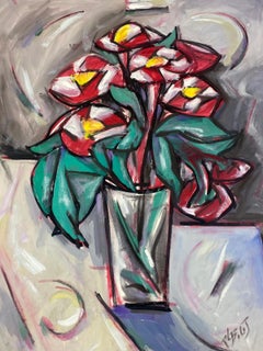 French Modernist Gouache Painting Of Geometric Style Red Flowers In Vase
