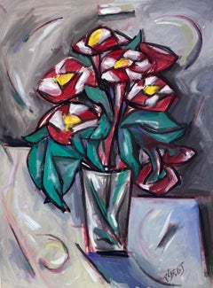 French Modernist Gouache Painting Of Geometric Style Red Flowers In Vase