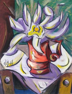 Französisches modernistisches Gouache-Gemälde mit lila Blumen in roter Aquarelldose