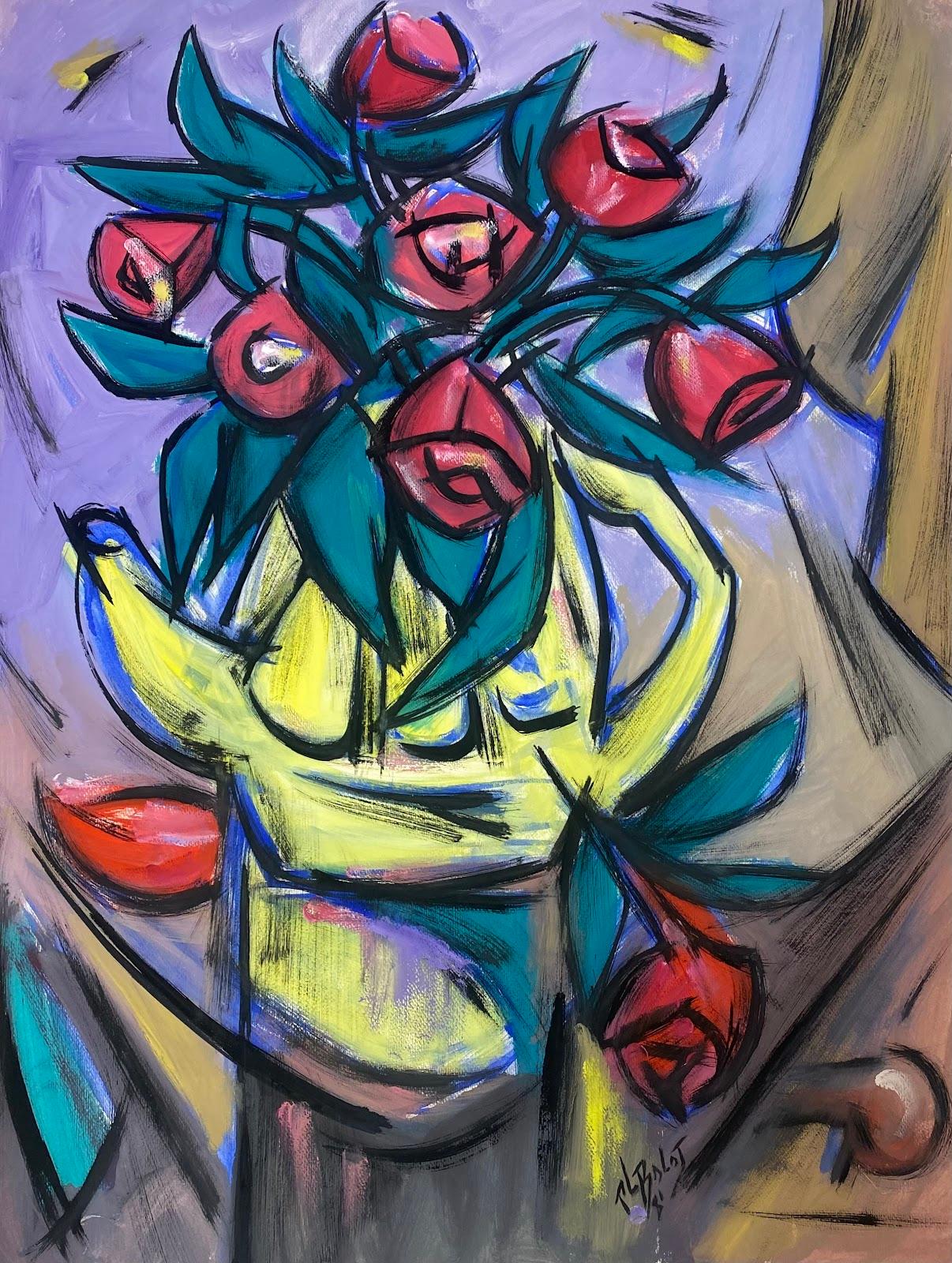 French Modernist Gouache Painting Of Red Tulips In A Yellow Watering Can  - Gray Figurative Painting by Paul-Louis Bolot (French 1918-2003)