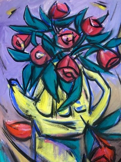French Modernist Gouache Painting Of Red Tulips In A Yellow Watering Can 