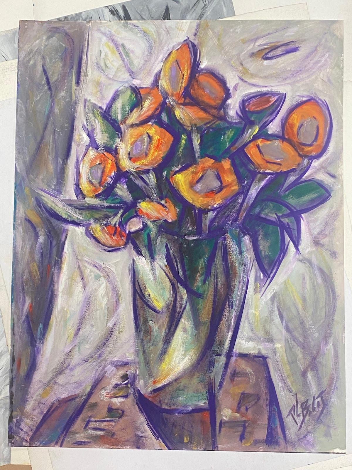 French Modernist Gouache Painting Orange Flowers In Vase With Purple Tones - Gray Still-Life Painting by Paul-Louis Bolot (French 1918-2003)