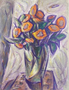 Vintage French Modernist Gouache Painting Orange Flowers In Vase With Purple Tones