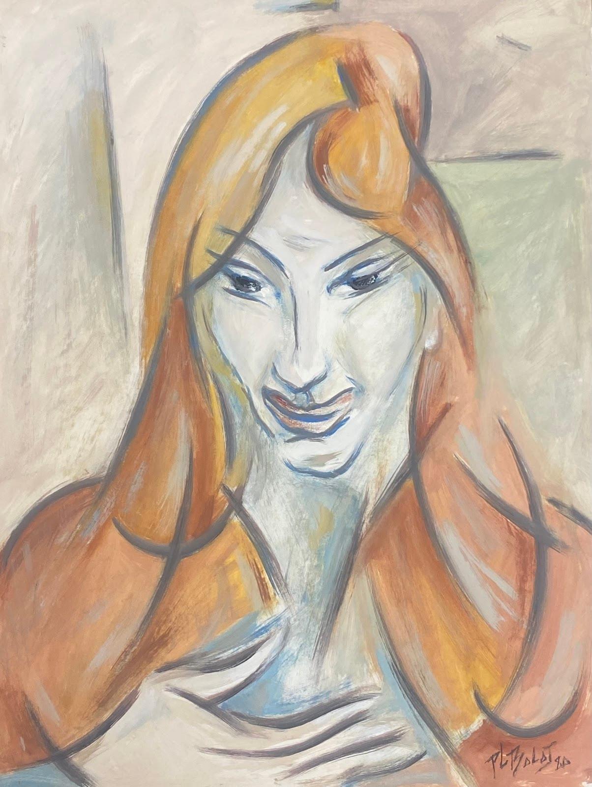 French Modernist Gouache Painting Portrait Of A Bright Orange Haired Lady