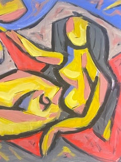 French Modernist Gouache Painting Posed Yellow Nude Lady With Black Hair