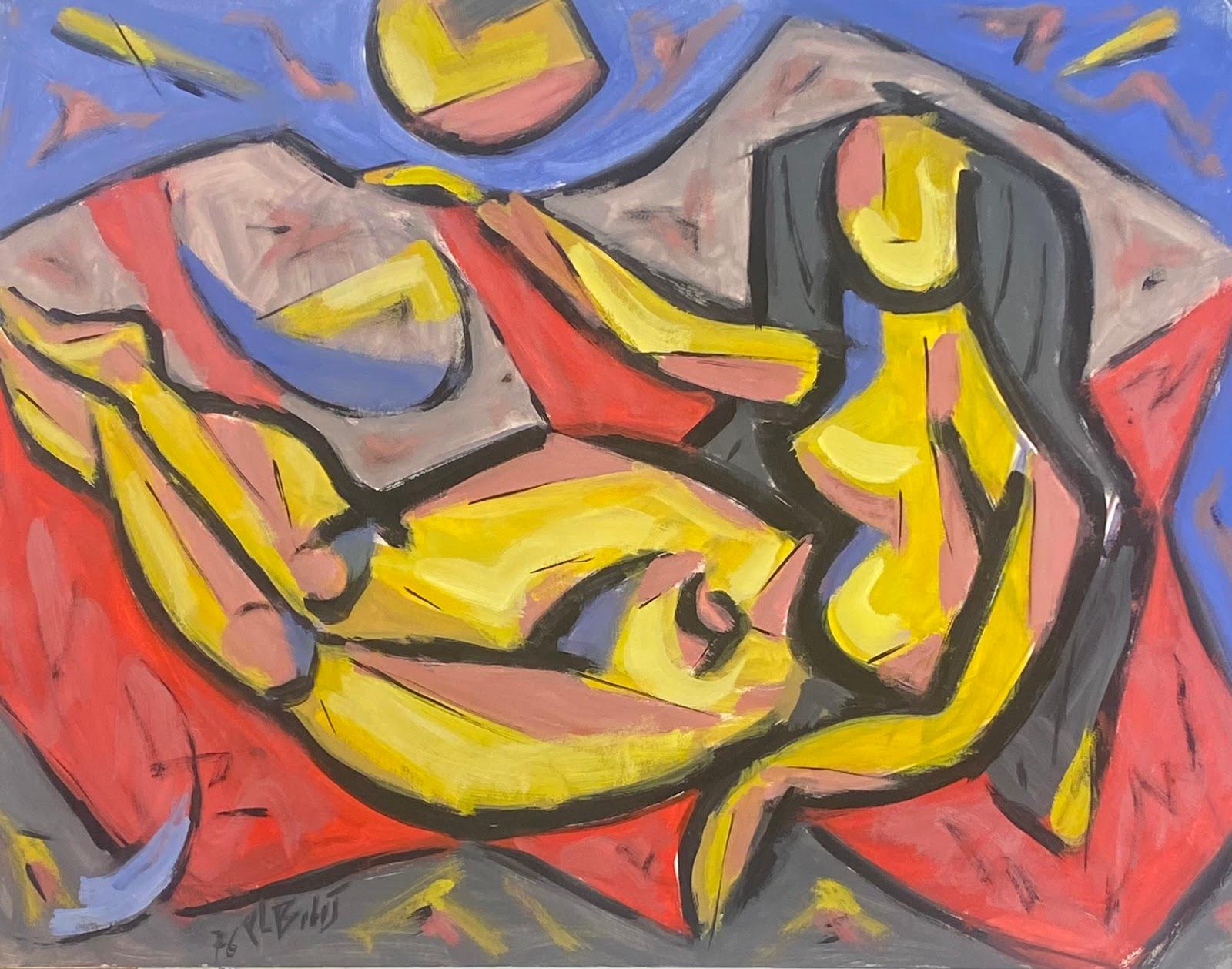 French Modernist Gouache Painting Posed Yellow Nude Lady With Black Hair 
