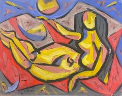 French Modernist Gouache Painting Posed Yellow Nude Lady With Black Hair 