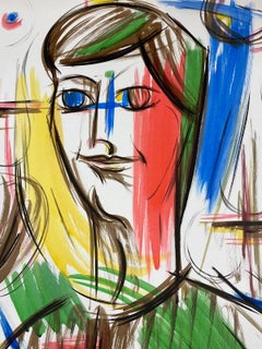 French Modernist Gouache Painting Red, Blue, Green And Yellow Portrait
