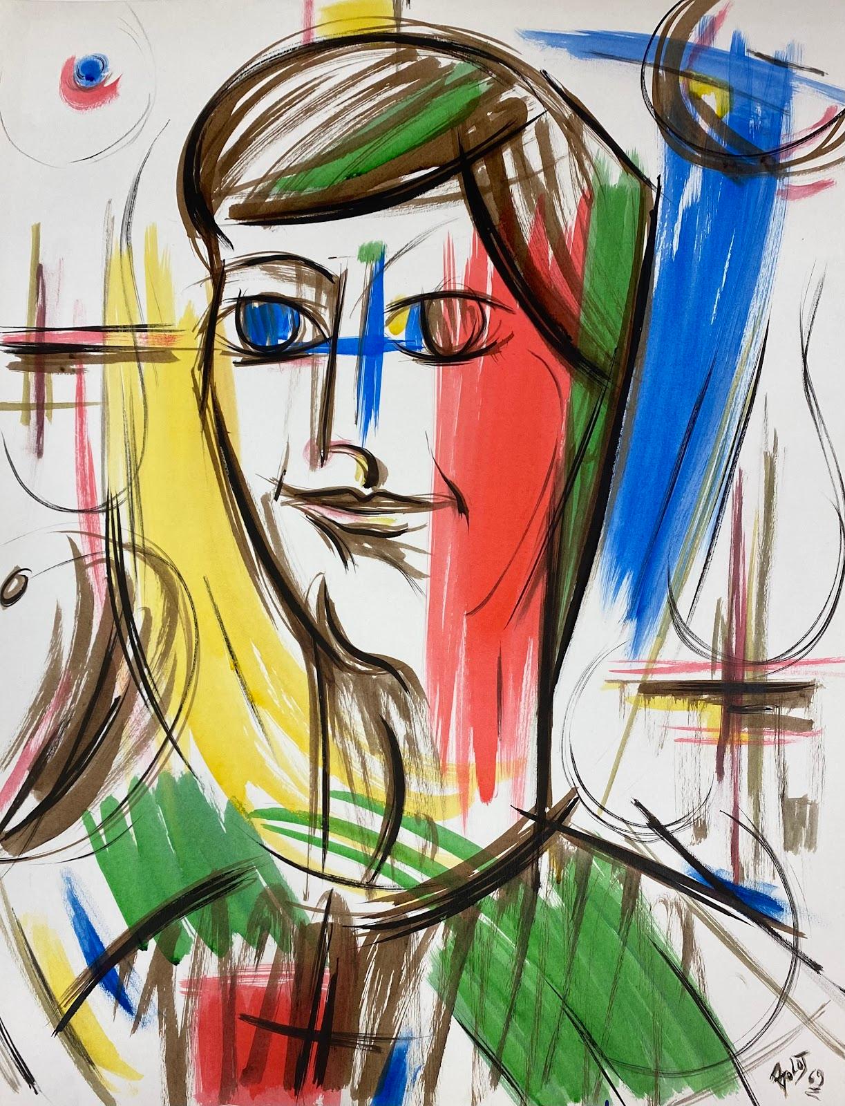 Französisch Modernist Gouache-Gemälde Rot, Blau, Grün und Gelb Porträt