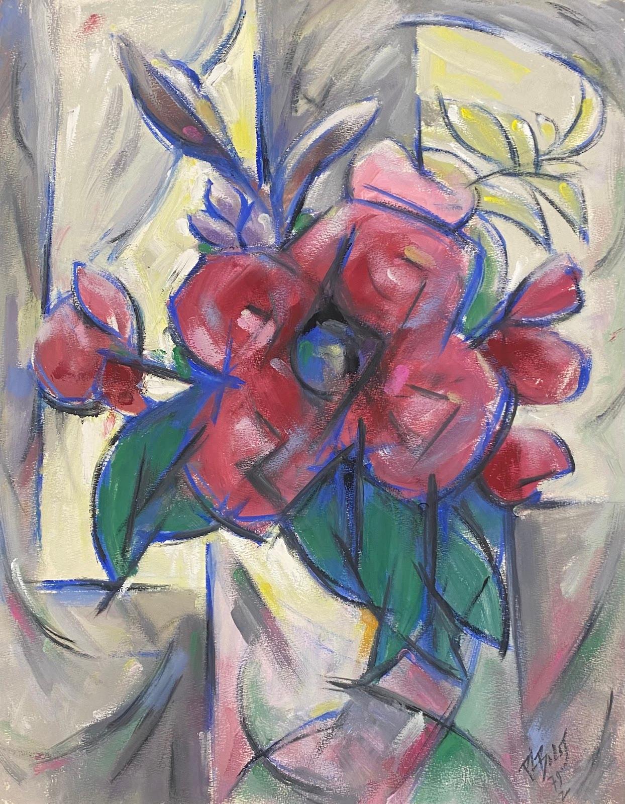 Paul-Louis Bolot (French 1918-2003) Still-Life Painting - French Modernist Gouache Painting Red Poinsettia Flowers In Clear Glass Vase