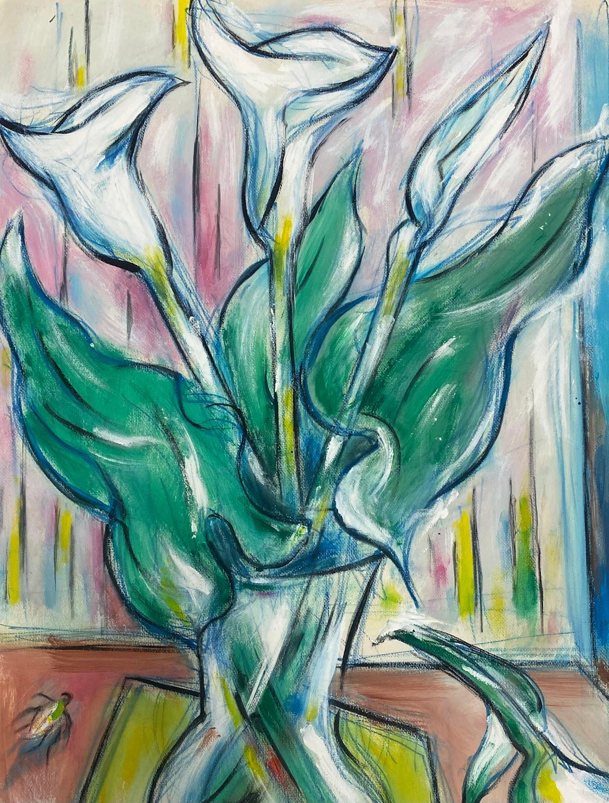 Quadro modernista francese a guazzo Fiori bianchi in vaso appoggiati su un tavolo giallo - Painting di Paul-Louis Bolot (French 1918-2003)