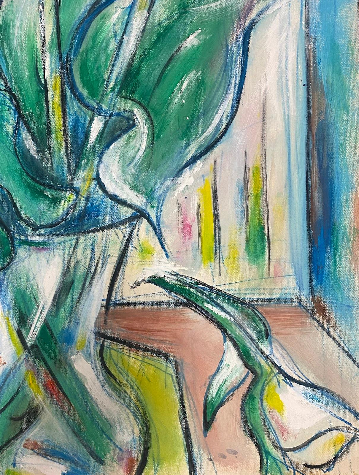 Quadro modernista francese a guazzo Fiori bianchi in vaso appoggiati su un tavolo giallo - Painting Moderno di Paul-Louis Bolot (French 1918-2003)
